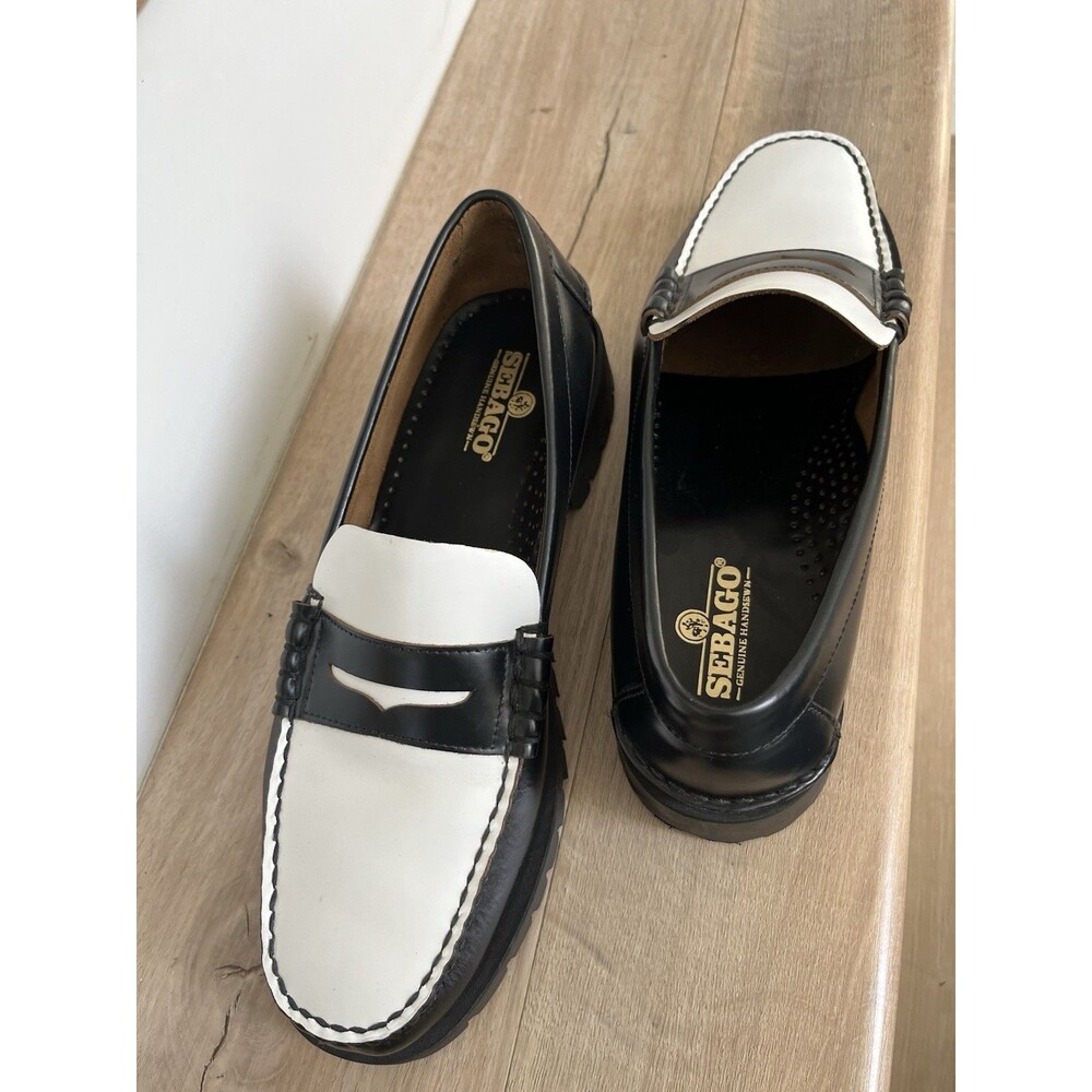 Sebago Classic Dan Leather Penny Loafers Mens Sz 9 Black White Quiet Luxury - Picture 12 of 14